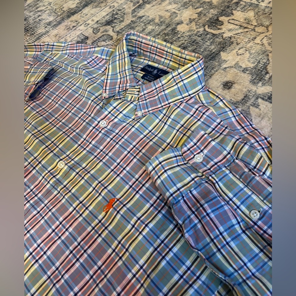 Polo Ralph Lauren Shirt Madras Plaid Orange Pockets Button up Long Sleeve Size L